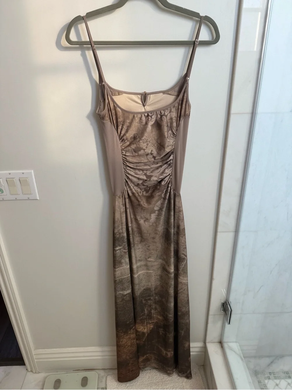 WALK IN DARK Vintage Print Ruched Maxi Dress | Size M | Brown